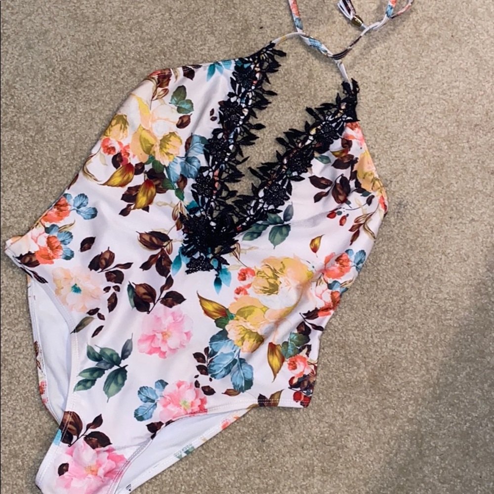 Low Cut Floral One Piece Swim Suit